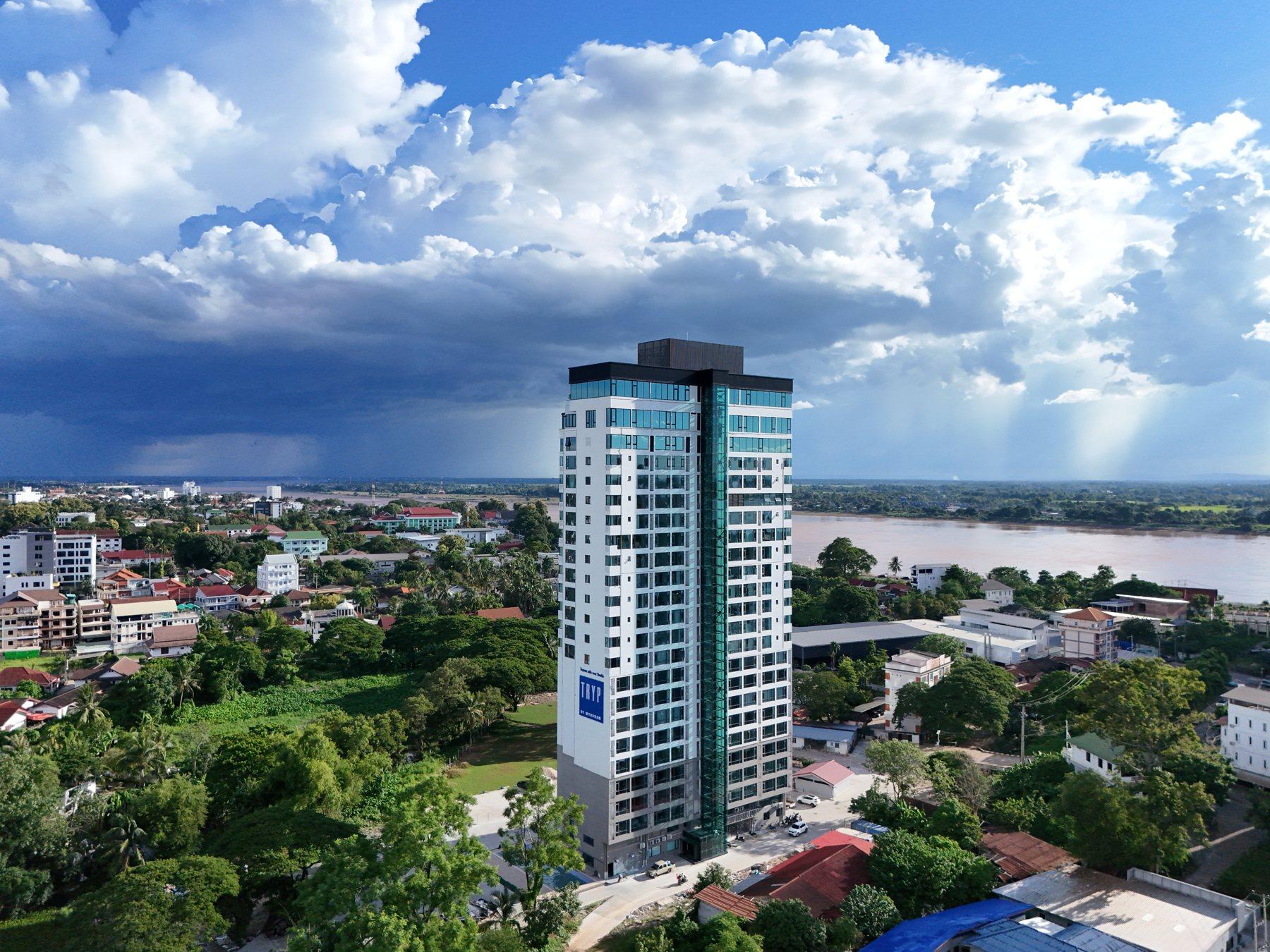 Hotel exterior with Mekong views